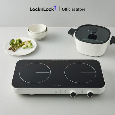 Bếp điện từ đôi LocknLock Square double induction mặt pha lê kèm tấm bảo vệ, màu trắng EJI326WHT