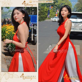 Áo dài cổ yếm đỏ khoét hở lưng CHAANG may sẵn truyền thống vảilụa chụp sen dự tiệc lễ tết đẹp ADC201