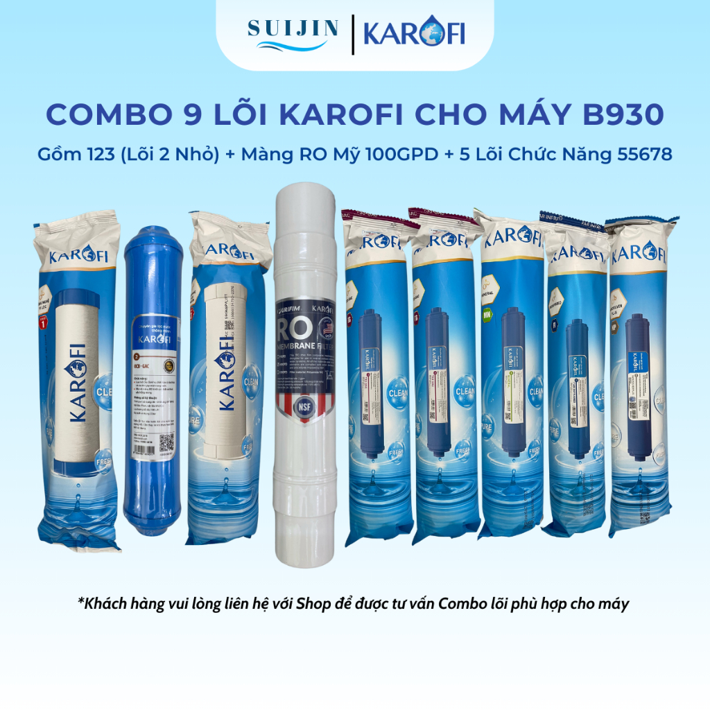 Combo 9 Lõi Lọc Nước Karofi Gồm 12OCB3 (Lõi 2 Nhỏ) + RO 100GPD Mỹ + 2T33 Mineral Far Nano Cho Model 