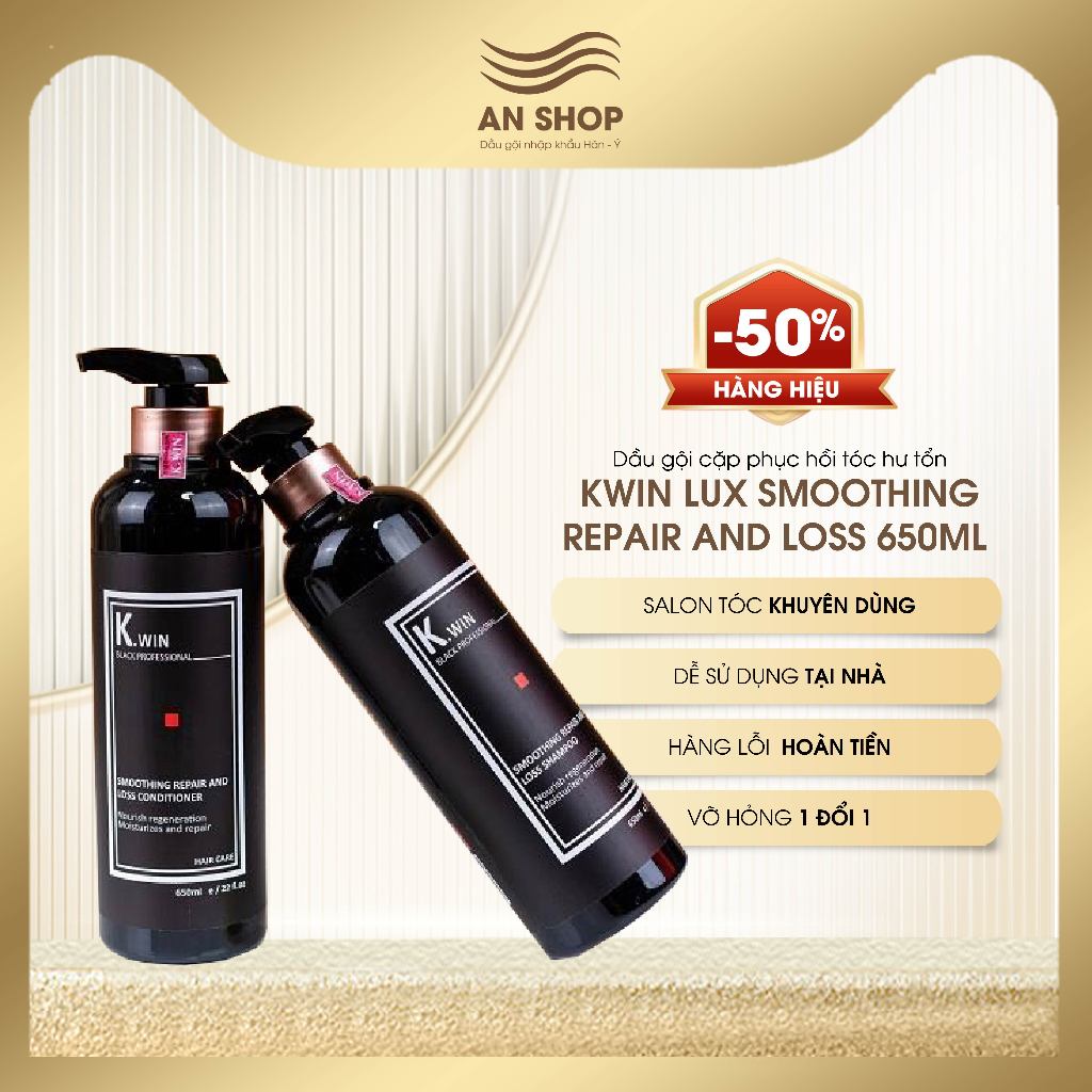  Dầu gội xả cặp phục hồi tóc hư tổn khô xơ Kwin lux smoothing repair and loss 650ml combo dưỡng tóc chống rụng dầu gàu 