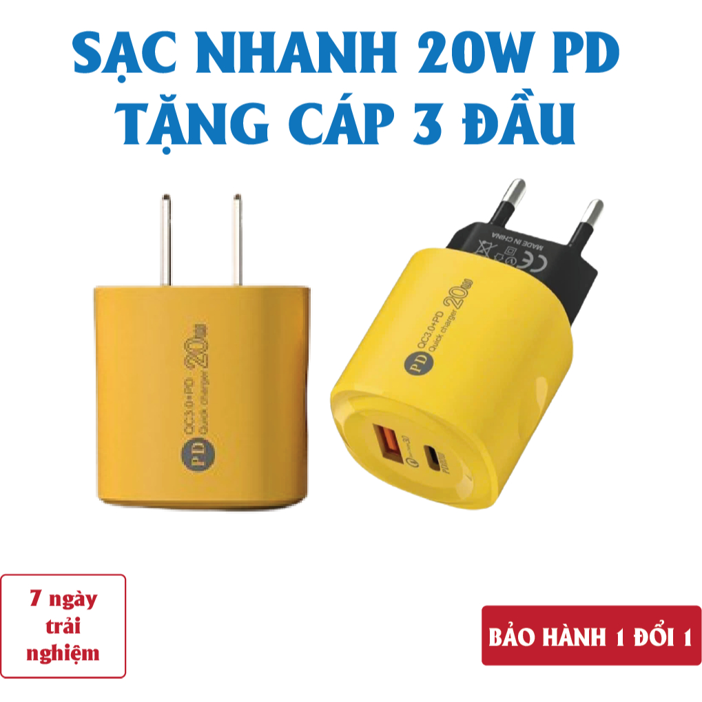 Củ sạc nhanh 2 in 1 gồm: 1 cổng Type C + 1 cổng USB – Củ sạc 2 cổng, Cốc sạc nhanh 2 cổng, Cáp sạc n