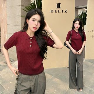 (MỞ BÁN) Áo len ngắn tay mùa hè màu đỏ đô sang trọng phối cúc cổ bẻ thanh lịch len lông thỏ cao cấp PL31 DELIZ