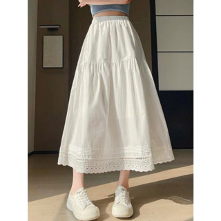  Chân váy midi kiểu chữ A viền ren 2 lớp,Chân váy trắng vintage dáng dài 2 tầng dáng xòe 