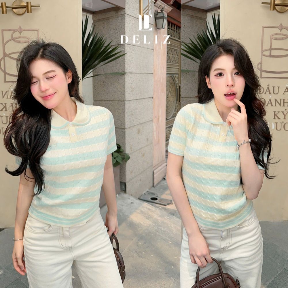 Áo len cổ sen mùa hè cộc tay phối màu len lông thỏ vặn thừng mềm mát PL32 cao cấp | BigBuy360 - bigbuy360.vn