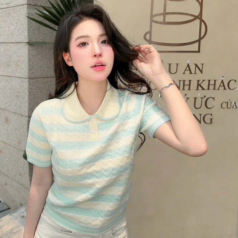Áo len cổ sen mùa hè cộc tay phối màu len lông thỏ vặn thừng mềm mát PL32 cao cấp | BigBuy360 - bigbuy360.vn
