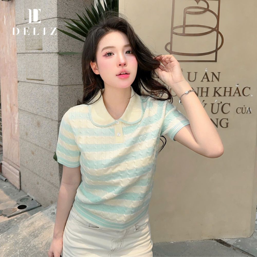 [DELIZ] - Áo len cổ sen cộc tay mùa hè phối màu, dáng công sở hiện tại chất len lông thỏ cao cấp PL32 LIVE | BigBuy360 - bigbuy360.vn