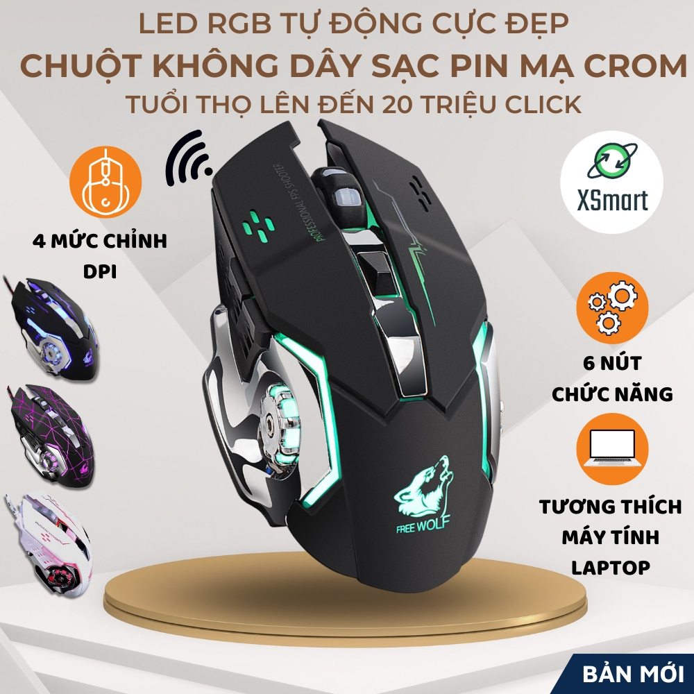 Chuột không dây chuyên GAME Wolf X8 PRO NÂNG CẤP Wireless 2.4GHz SIÊU NGẦU, Tự động đổi màu sắc