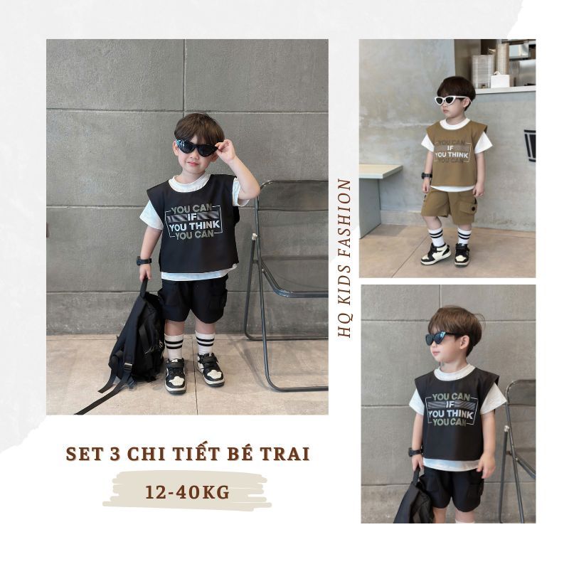 Bộ đồ bé trai 3 chi tiết HQ Kids Fashion cho bé đi học đi chơi phong cách Hàn Quốc size từ 10-40kg