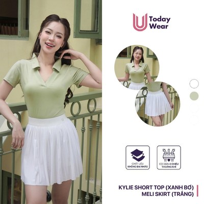 Set bộ đồ chơi tennis pickleball nữ áo Kylie Short xanh bơ mix chân váy Meli Skirt trắng Today U Wear