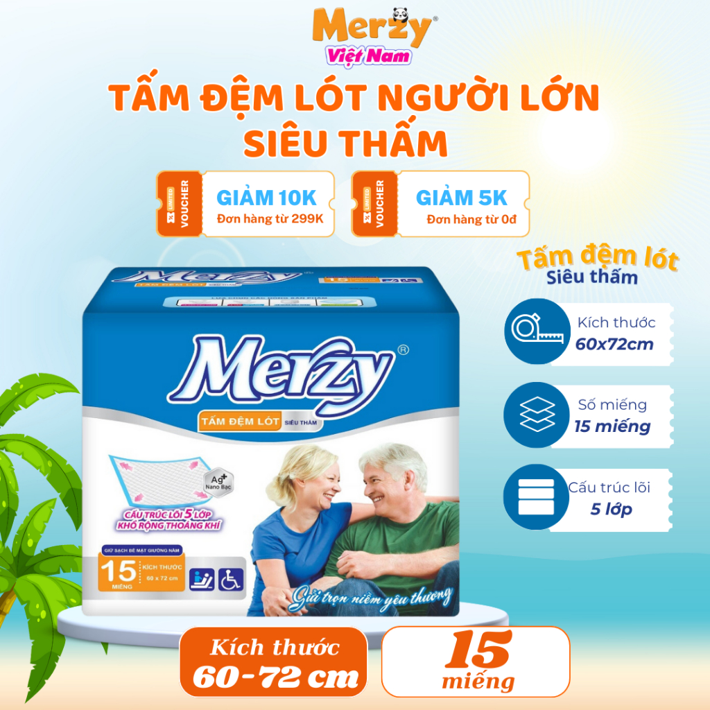 ]Tấm đệm lót người lớn Merzy kích thước 60cm x 72cm, 15 miếng