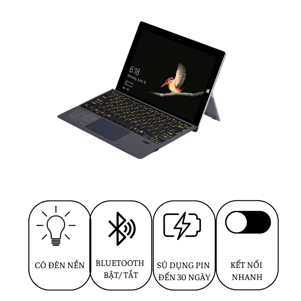 Bàn phím Surface kết nối Bluetooth Có đèn nền cho Surface Pro 3/4/5/6/7, Pro8/9/ X/ 10/11 GO/GO2/GO3