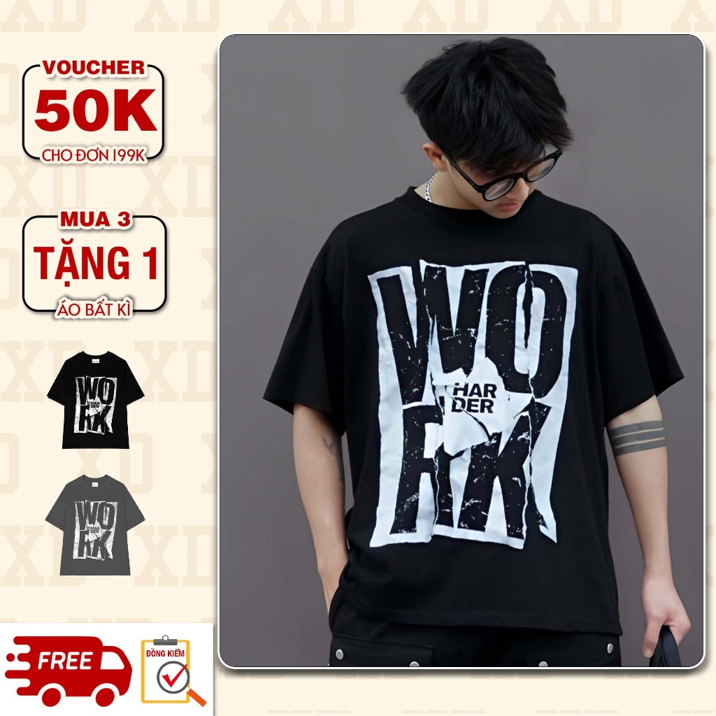 Áo Phông Nam THE XIDE In Hình WORK, Áo Thun Unisex Form Rộng Oversize Chất Cotton 100% 270gsm