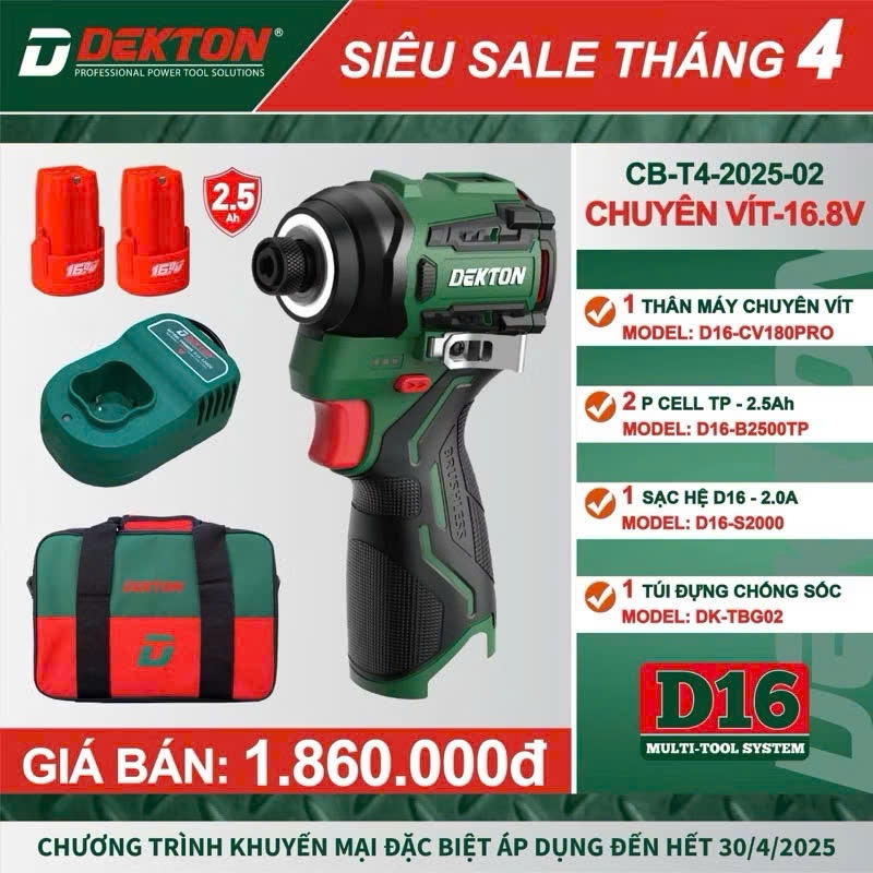 CHUYÊN VÍT 16,8V DEKTON  D16-CV180PRO  - Motor Brushless - Lực Siết 180Nm - Điều Tốc Vô Cấp