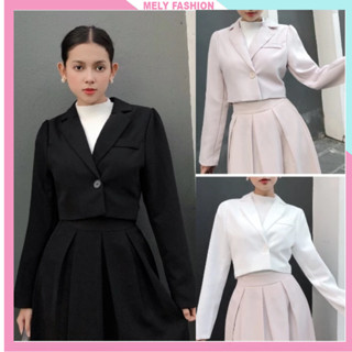 Áo khoác vest blazer croptop dài tay bồng hai lớp dáng ngắn lửng chất tuyết mưa 3 màu đen trắng be trẻ trung ASM06