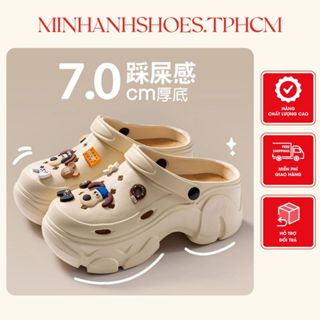 Dép cross nữ đế bánh mì EVA siêu nhẹ cao 6CM có lỗ thoáng khi chống trơn trượt đính Sticker hottrend ( 279 kem đế nâu)