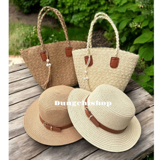 Set túi cói đáp da đeo chéo + mũ đai thắt lưng sang chảnh