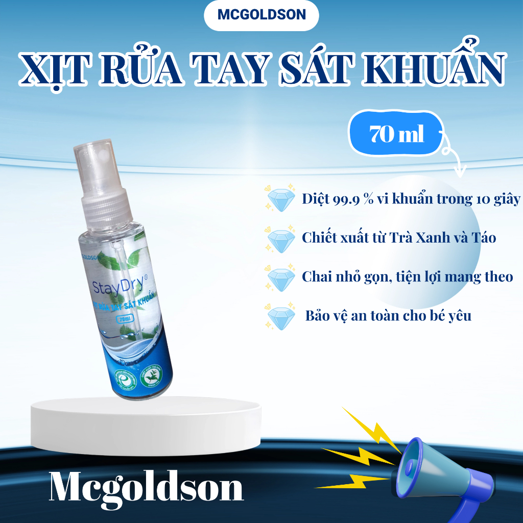 Xịt rửa tay sát khuẩn StayDry 70ml