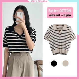 Áo len polo tay ngắn Mely Fashion mongtoghi nữ cổ bẻ V dáng suông hàng dệt kim montergy Quảng Châu AL13