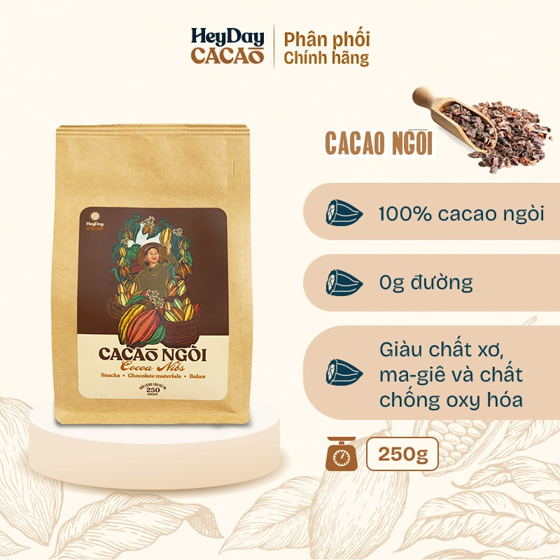 Túi 80g/ 250g Cacao ngòi (Cocoa nibs) - Nhân hạt cacao rang tự nhiên - Heyday Cacao