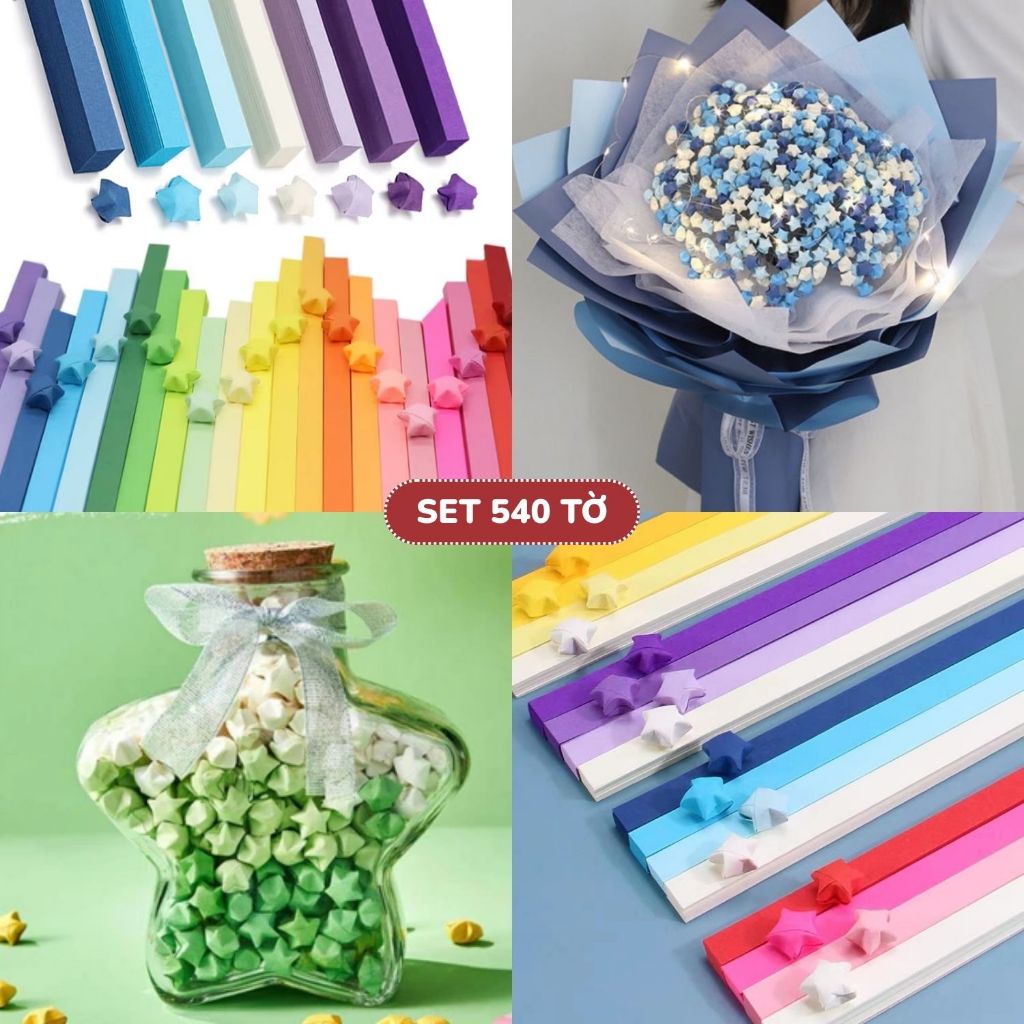 Set 540 Tờ Giấy Gấp Sao Giấy Xếp Sao Nhiều Màu Pastel, Quà Tặng Handmade Ý Nghĩa, Decor Phòng Ngủ, B