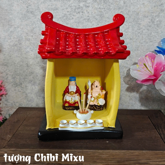 Miếu Thần Tài - Thổ Địa  (miếu size trung + tượng Thần Tài Thổ Địa 3cm) Bàn Thờ Thần Tài Thổ Địa