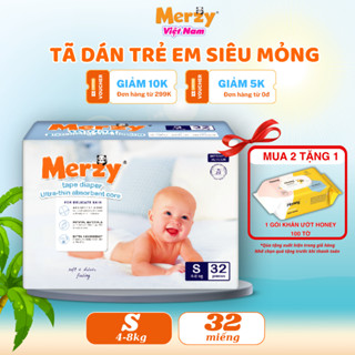 [Mua 2 tặng 1 khăn ướt Honey 100 tờ] Tã Dán Siêu Mỏng Khô Thoáng Merzy S32, M28, L25, XL21 miếng.