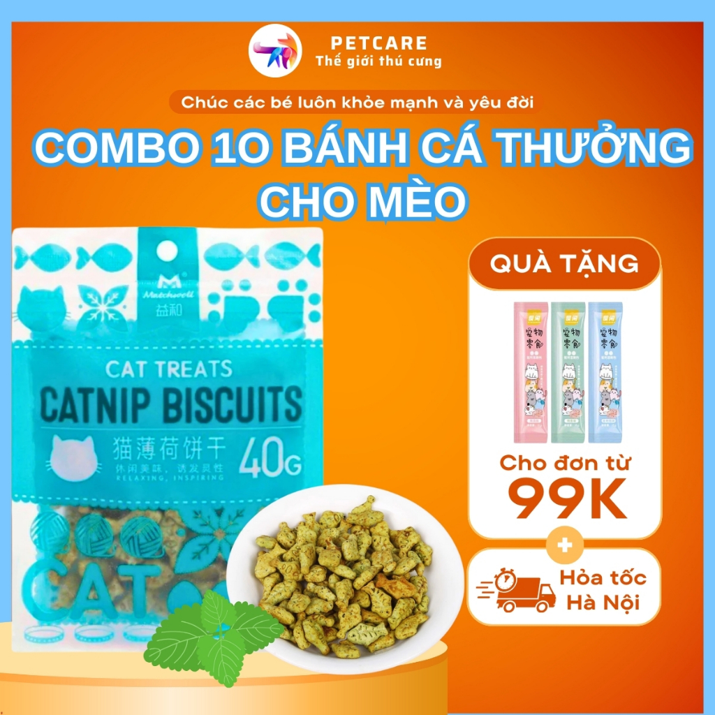COMBO 10 Bánh Cá Catnip, Bánh Thưởng Thịt, Bánh Sữa Dê Giảm Búi Lông, Hôi Miệng Mèo, PetCare Petshop