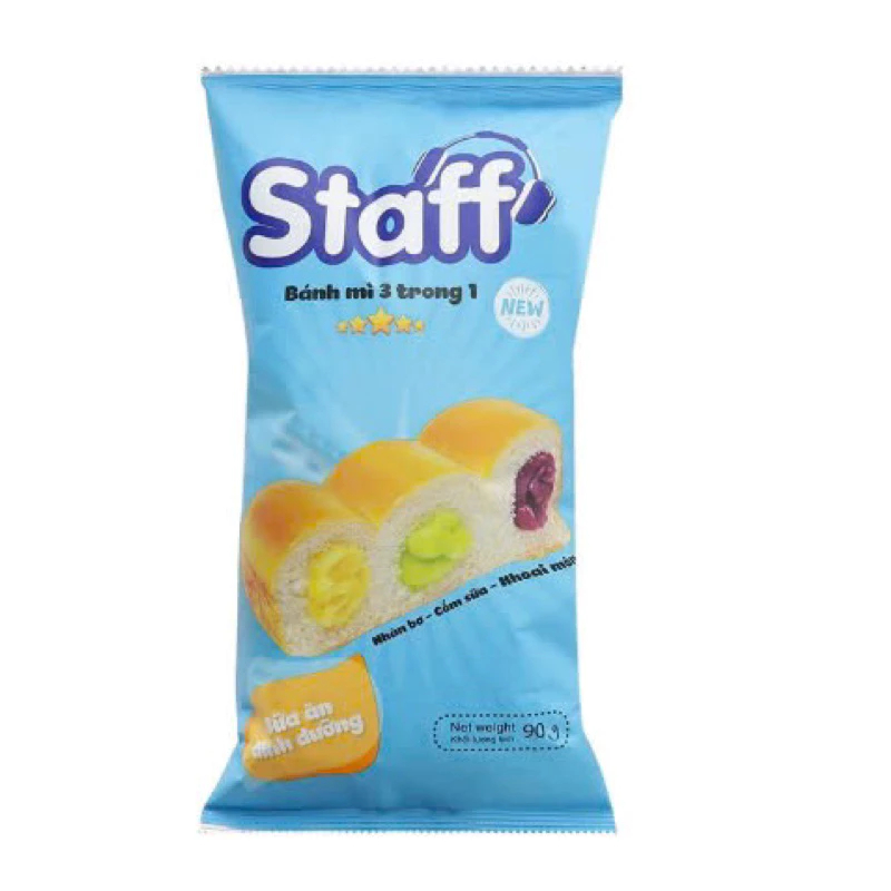Combo 5 - 10 Gói Bánh Mì Staff Hữu Nghị 3 Trong 1 Nhân Bơ, Cốm Sữa, Khoai Môn 90g Thơm Ngon Bổ Dưỡng