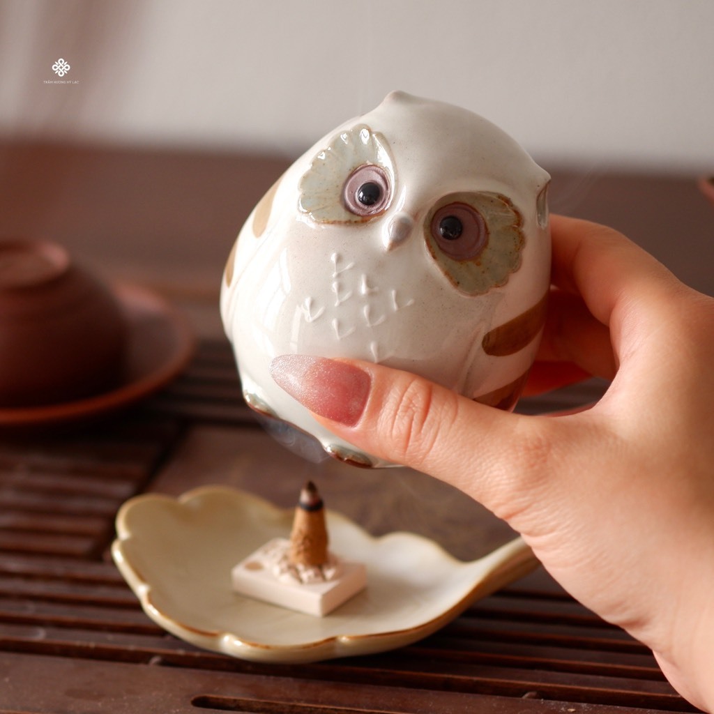 Lư xông trầm Cú Mèo Nhật Bản - Trầm Hương Hỷ lạc - Lư gốm - Lư đốt trầm - Decor bàn làm việc
