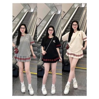 Set Váy Thêu Hình Cún 2 - Áo Phông Cổ Tròn Mix Váy Xếp Ly Phối Viền Sọc Đỏ  Xinh Xắn