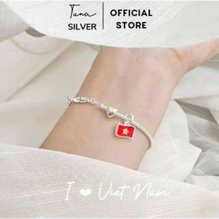 Vòng tay Bạc gắn charm cờ đỏ sao vàng khắc theo yêu cầu TUNA SILVER, Lắc tay bạc charm lá cờ Quốc kỳ Việt Nam khắc tên