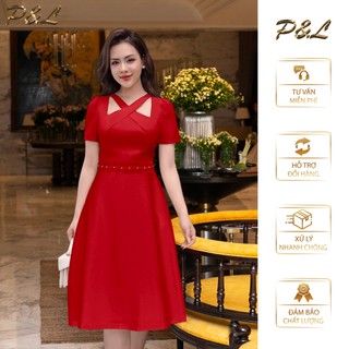 Váy Đầm Dự Tiệc Trung Niên BigSize Đi Cưới Thiết Kế Cao Cấp Đầm Đi Tiệc Dáng Xòe Xếp Ly Chéo Cổ PL52