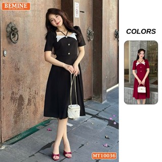 Đầm thiết kế BEMINE cổ vuông kiểu phối trắng dáng chữ A đính nút phù hợp đi làm, đi chơi và đi tiệc-MT10036