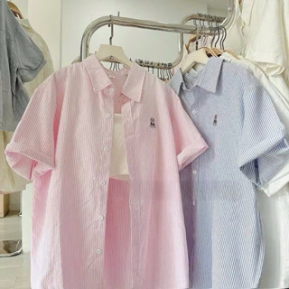 Áo sơ mi tay lỡ kẻ dọc thêu gấu ngồi mẫu mới 2025