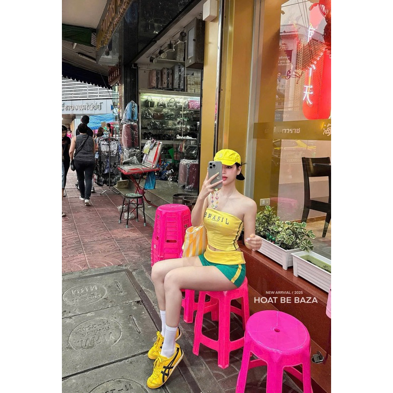 𝑫𝒊𝒍𝒚𝒔𝒉𝒐𝒑𝟎𝟖 (FREE SHIP) Set áo quây kèm quần đùi phối vàng xanh in chữ