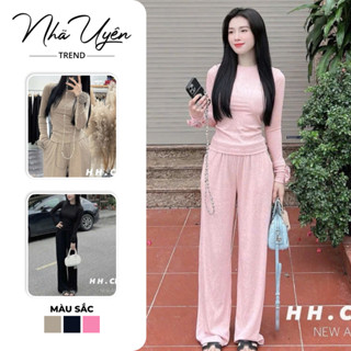 Set bộ đơn giản, thanh lich siêu hot 3 màu tôn da cho nàng, set tăm tàu áo tay dài đính hoa phối quần suông - NHÃ UYÊN