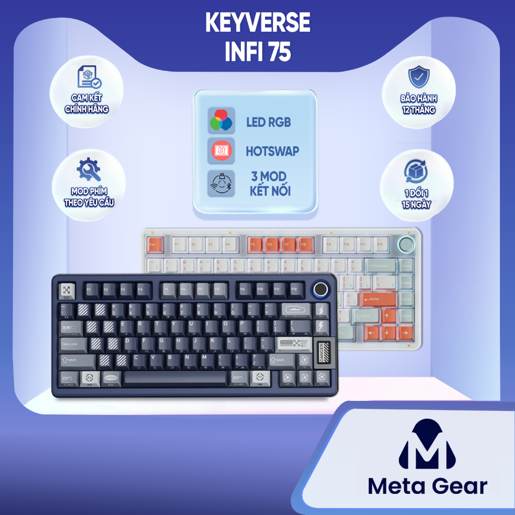 [CHÍNH HÃNG] Bàn phím cơ Keyverse Infi75 - Bàn phím Bluetooth, Led RGB, 3 mode kết nối, Có núm xoay,