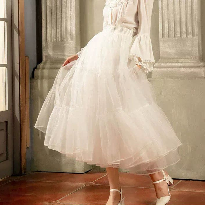 Chân váy tùng phồng dài 3 tầng vải đơn cho Lolita/ cosplay/váy thường màu trắng, đen dáng suông