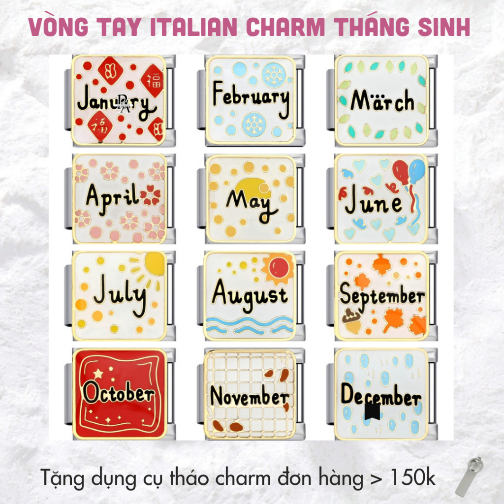 Charm italian bracelet hoạ tiết tháng sinh siêu cute, charm italian đeo tay thép không gỉ dành phong