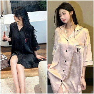  Váy sơmi ngủ mặc nhà lụa Quảng Châu cao cấp Hồng -Đen 