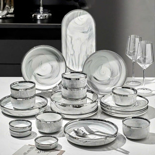 Bộ bát đĩa gốm sứ KIM SA, set bát cơm cẩm thạch viền bạc ánh kim chén bát cao cấp tô cơm bát dĩa sứ - Asahi