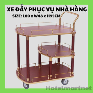 Xe phục vụ rượ,u inox mạ vàng, Xe đẩy tráng miệng chất liệu gỗ khung inox vàng sang trọng