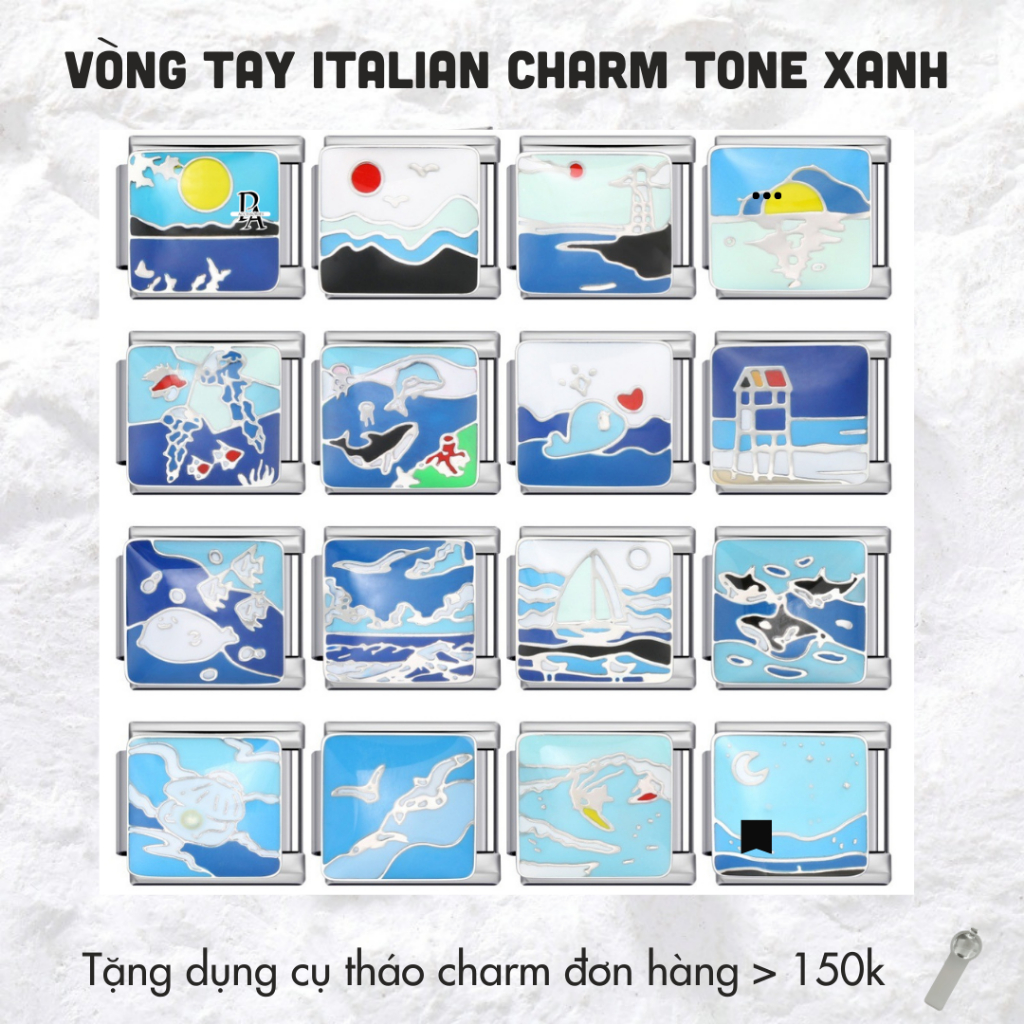 Charm italian bracelet hoạ biển xanh sinh siêu cute, charm italian phối màu xanh đeo tay thép không 