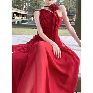 Đầm Đỏ Maxi Lệch Vai Dáng Xoè Voan Chiffon Phối Chocker Dây Cột Nơ Hoa Thiết Kế Sang Trọng Quyến Rũ Noel Tết