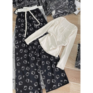 Set bộ áo thun dài tay cúc ngực trắng mix quần hello kitty cạp trắng