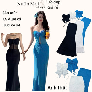 Set 2 món đi biển áo ống cúp sẵn mút rút dây phối chân váy đuôi cá ôm thun lưới set Lọ Lem đồ hè nhiều màu