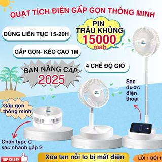 Quạt tích điện gấp gọn để bàn đa năng, quạt sạc mini thông minh, 4 chế độ gió, pin siêu bền 15000mAh tiện lợi mang đi