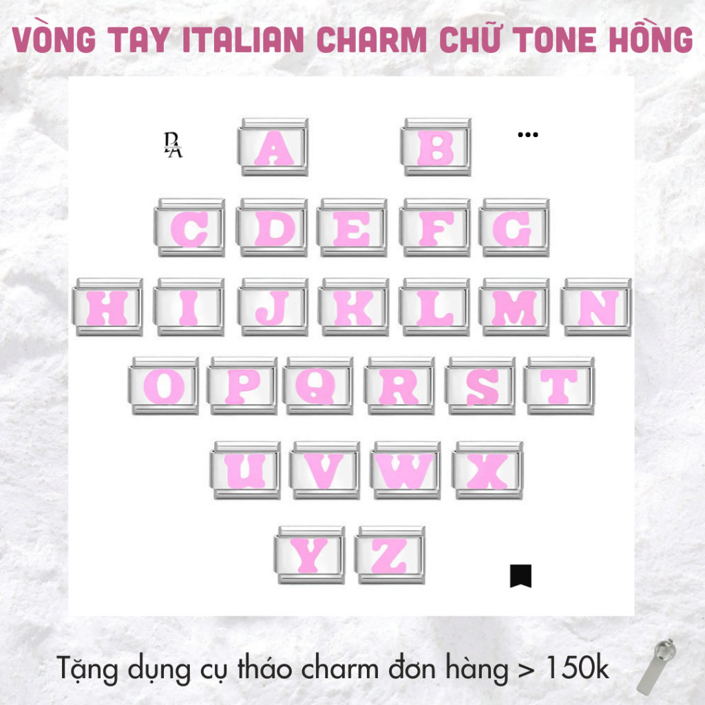 Charm italian bracelet chữ cái tone hồng siêu cute (full bảng chữ cái) charm italian đeo tay thép kh