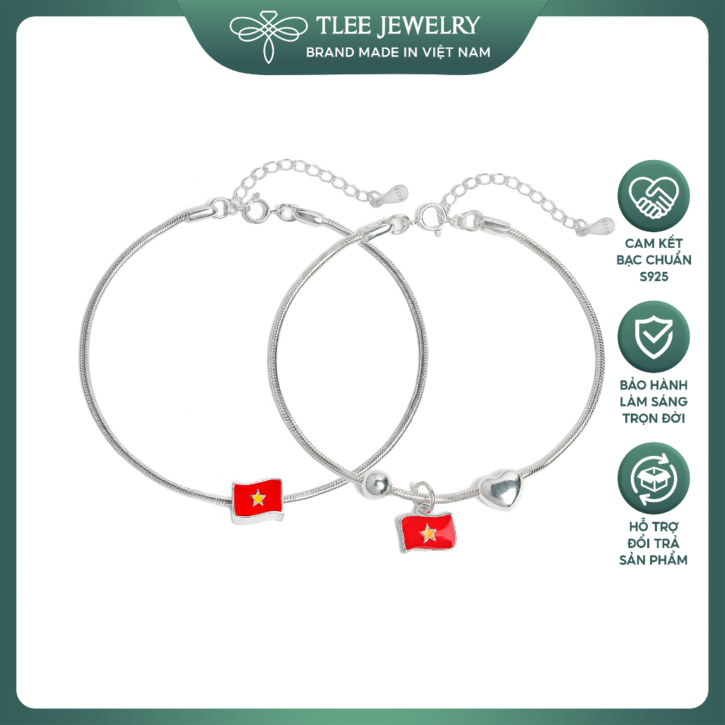 Lắc tay bạc nam, nữ TLEE s925 dây mì tròn dày lá cờ đỏ sao vàng Quốc Kỳ Việt Nam TLEE JEWELRY LT0378
