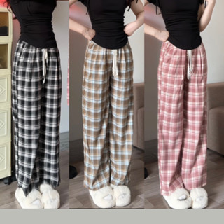 Quần ống rộng nữ chất vải lụa thô tổng hợp mềm mịn mát, quần kẻ caro nữ lưng chun dây rút phối màu trắng